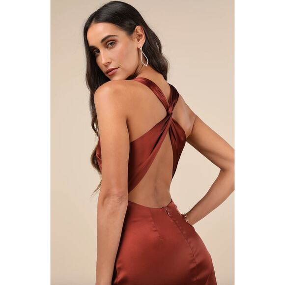 Lulus Purely Elegant Rust Brown Satin Twist Back Maxi Dress Medium Formal NWT - Picture 2 of 10